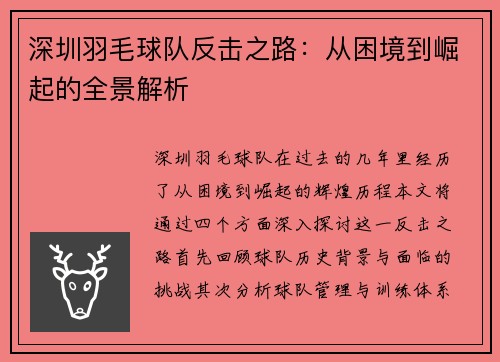 深圳羽毛球队反击之路：从困境到崛起的全景解析